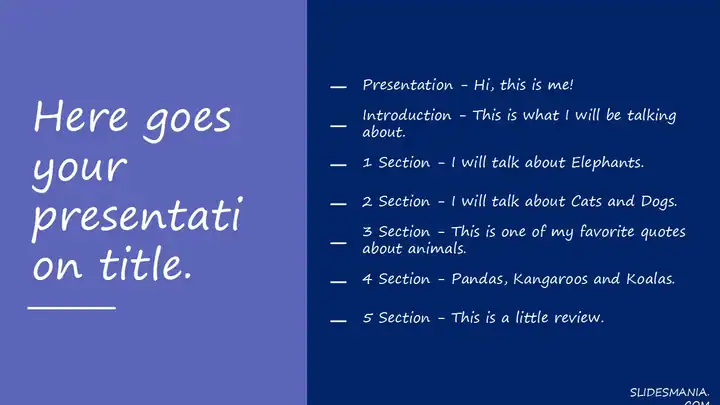 Formal presentation theme with sections.
