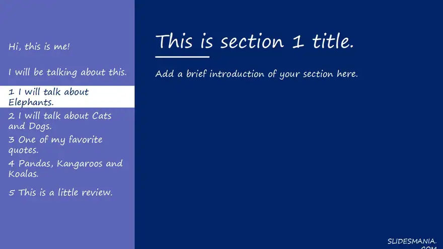 Formal presentation theme with sections.