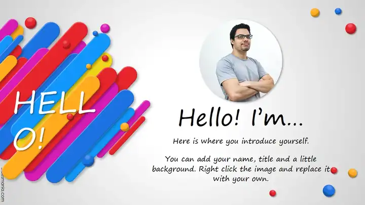 Houser, slides theme with colorful 3D shapes.