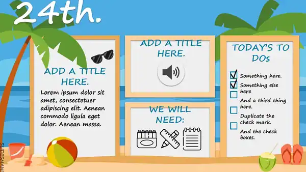 Happy Summer free template, daily agenda slide and certificate.