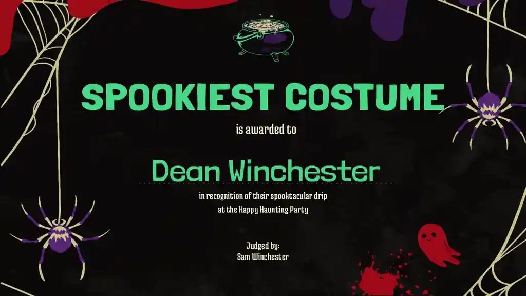 Halloween-themed Best in Costume Certificates