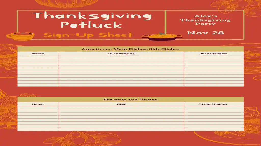 Thanksgiving Potluck Sign-Up Sheets