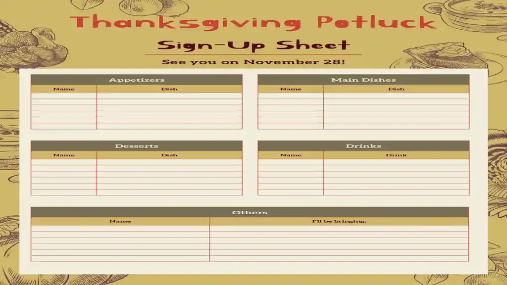 Thanksgiving Potluck Sign-Up Sheets